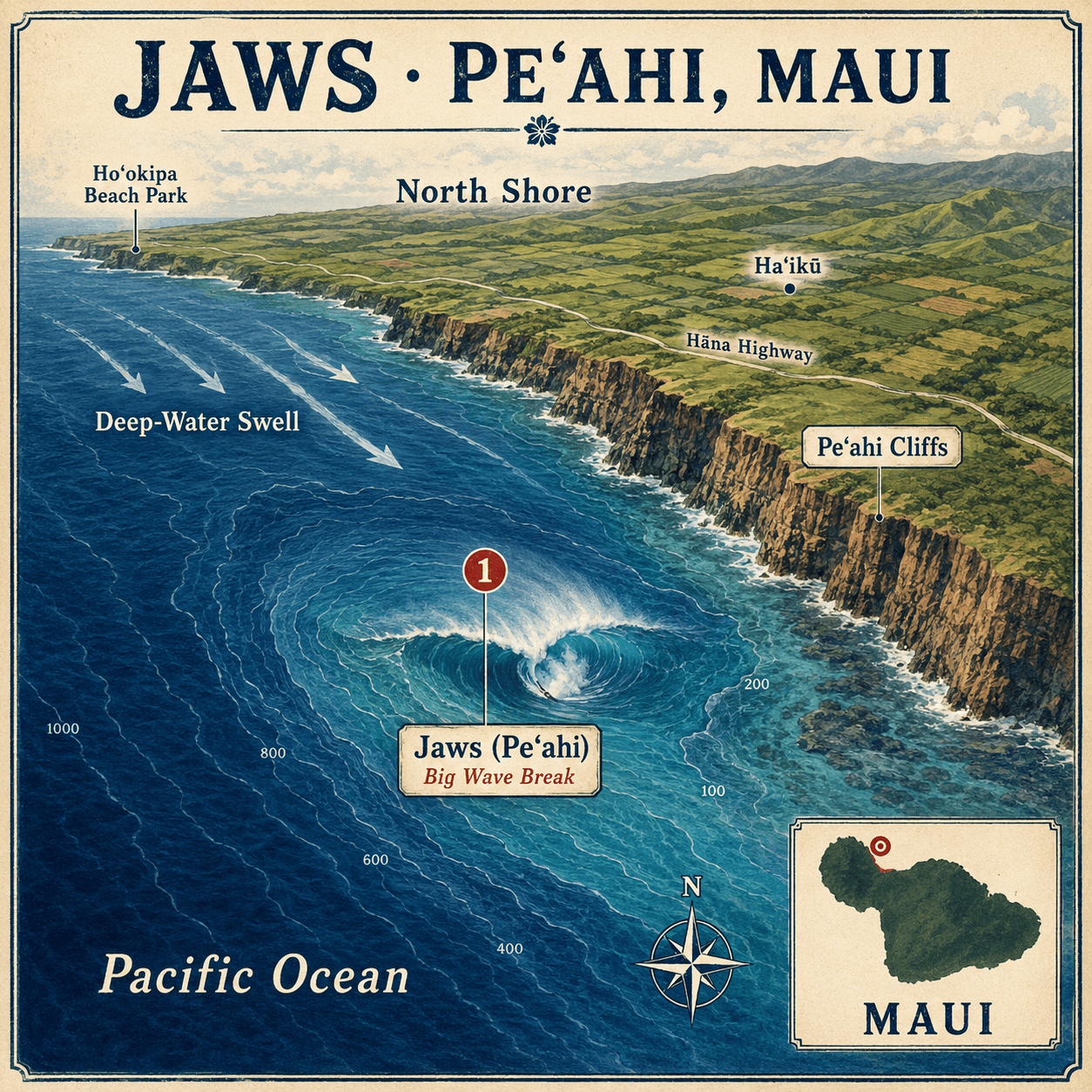 Illustrierte Karte mit Aktivitäten in Jaws / Peʻahi
