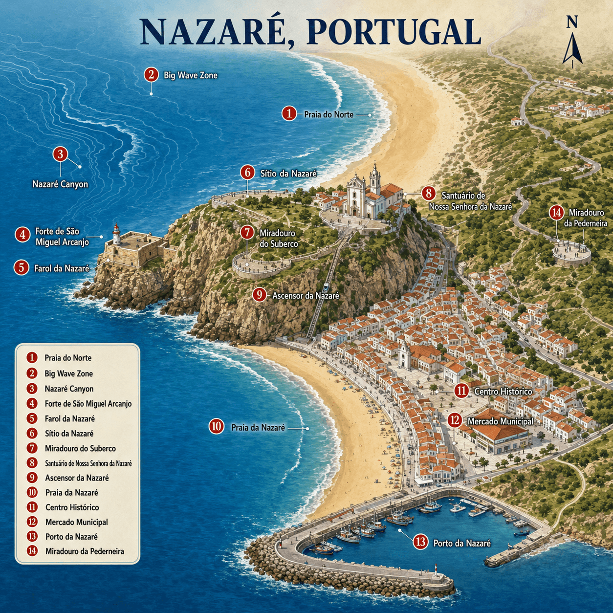 Illustrierte Karte mit Aktivitäten in Nazaré