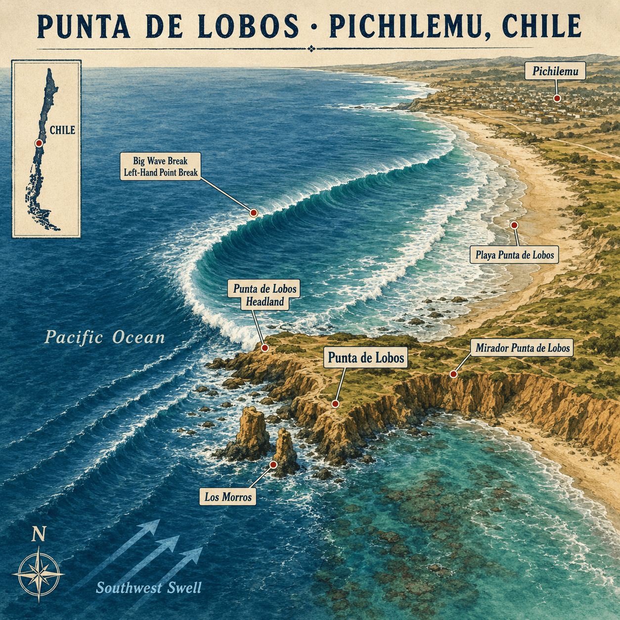 Illustrierte Karte mit Aktivitäten in Punta de Lobos