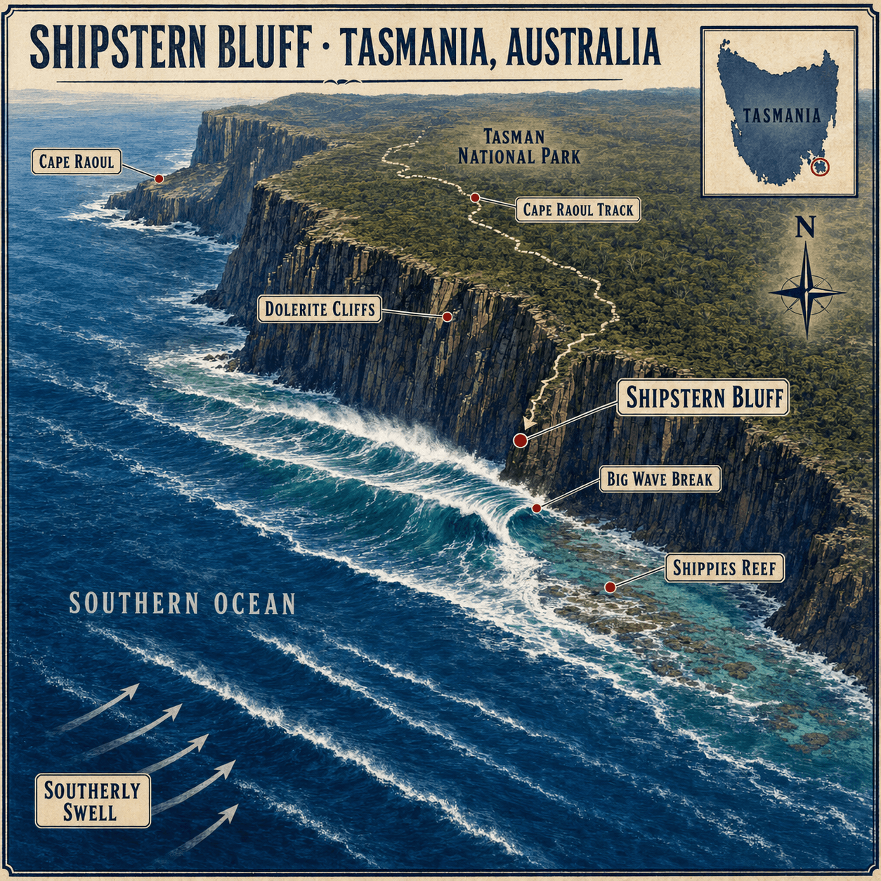 Illustrierte Karte mit Aktivitäten in Shipstern Bluff