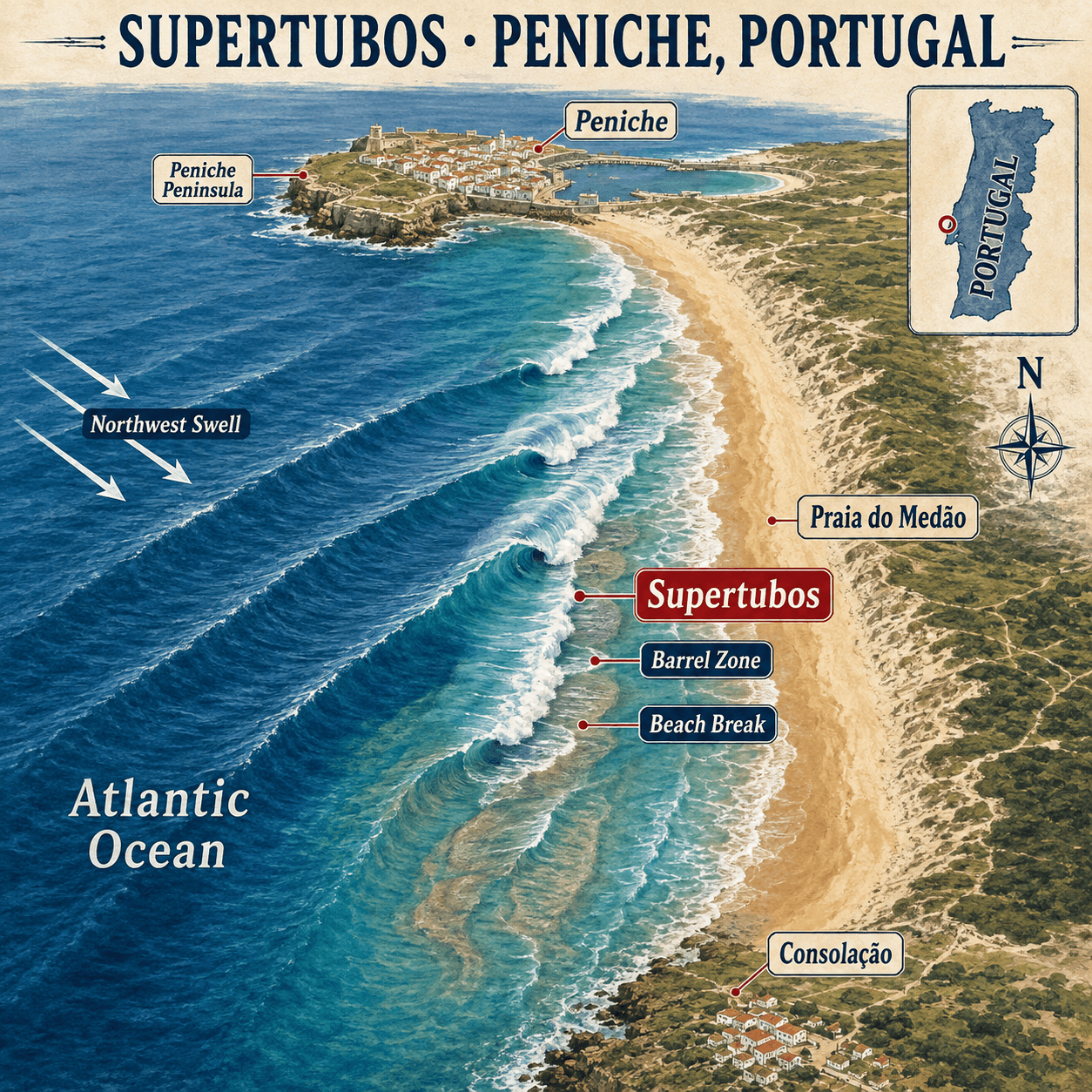 Illustrierte Karte mit Aktivitäten in Supertubos