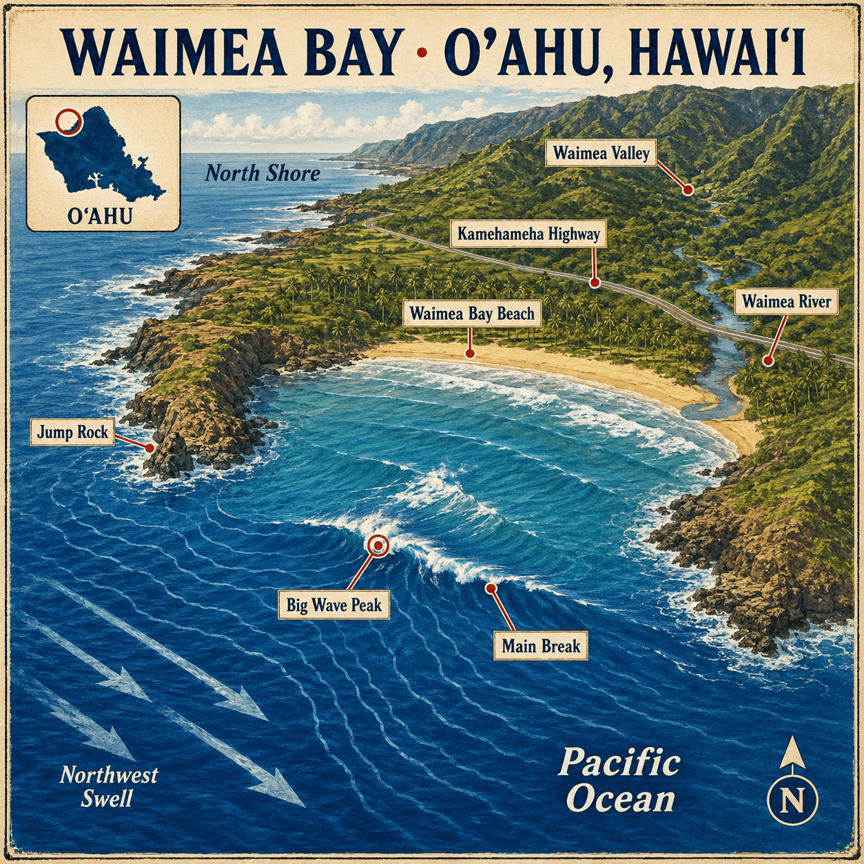 Illustrierte Karte mit Aktivitäten in Waimea Bay